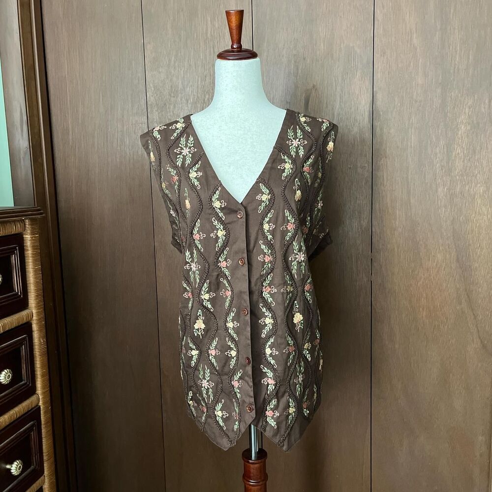 VTG Brown Vest Pink Floral Embroidery Cottage Core Tie Back